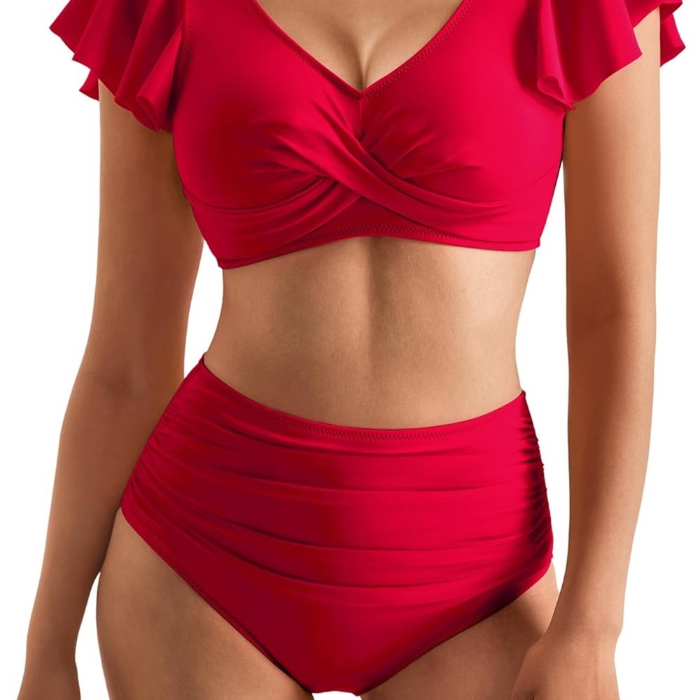 NWTIP MOOSLOVER Ruffle High Waisted Bikini Twist Push Up 2 Piece Swim Sz M